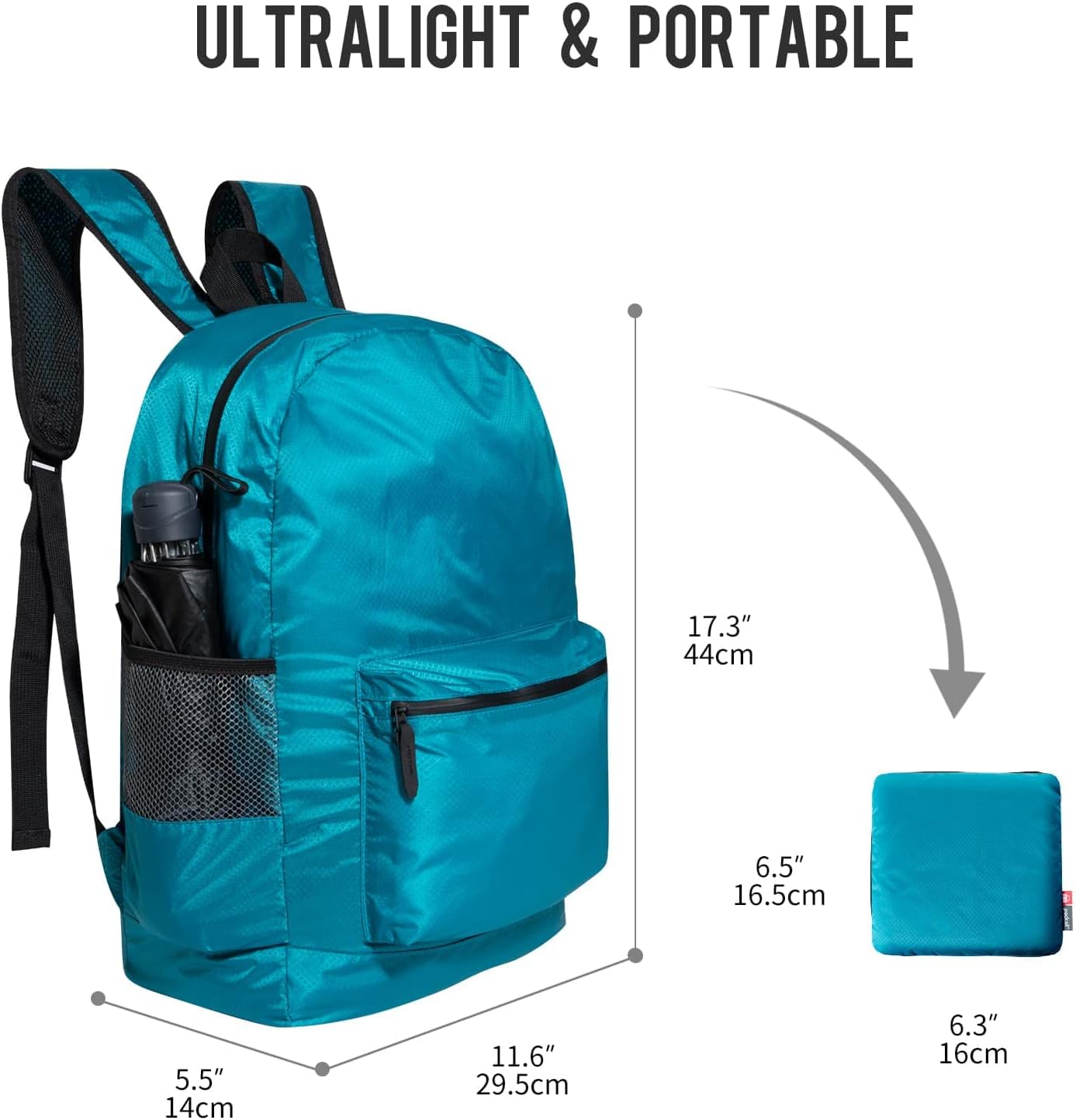 pack all 20L Lightweight Packable Backpack, Water Resistant Foldable Backpack, Travel Hiking Daypack with Waterproof Zippers (Blue)