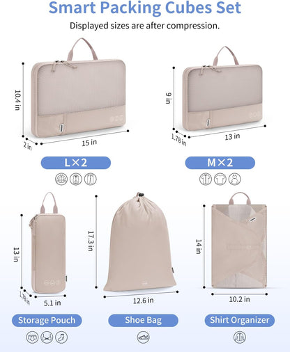WANDF 7 Set Compression Packing Cubes for Travel, Shirt Folder for Wrinkle-Free, Suitcase Organizer Bags Set for Carry-On Checked Luggage Duffle Bag Women Men(Khaki)