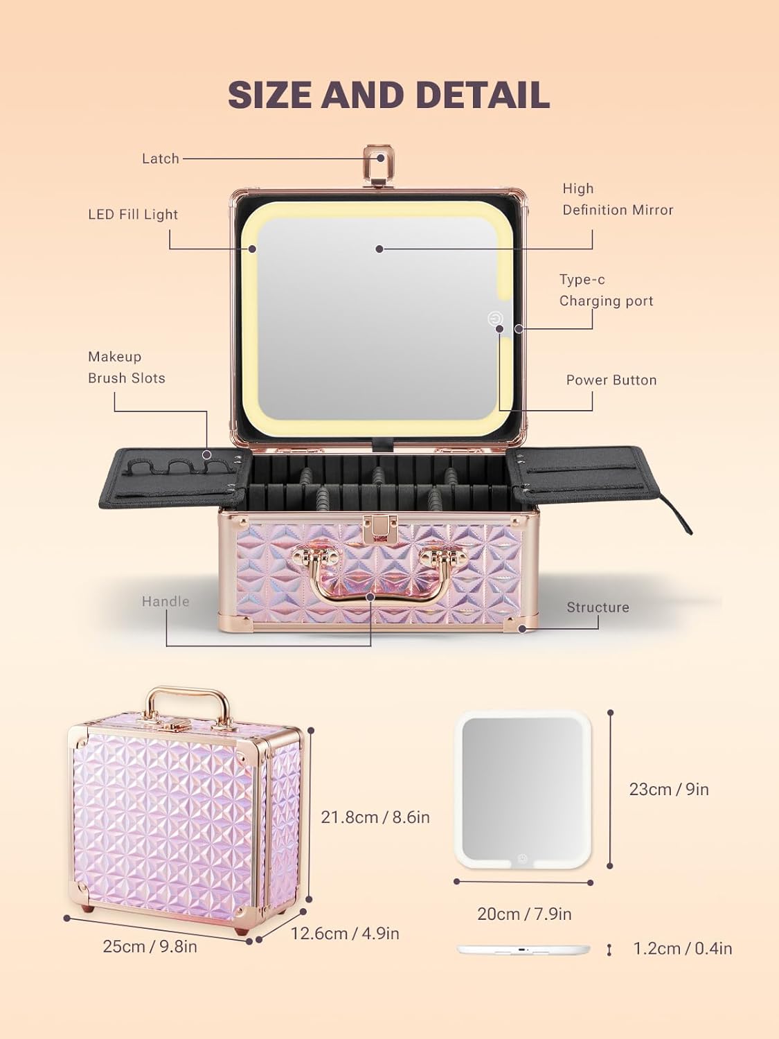 Qislee Makeup Box with A Detachable Lighted Mirror, Waterproof Travel Train Case, Cosmetic Organizer and Makeup Suitcase with Adjustable Dividers, Magnetic LED Mirror(Sparkling Pink)