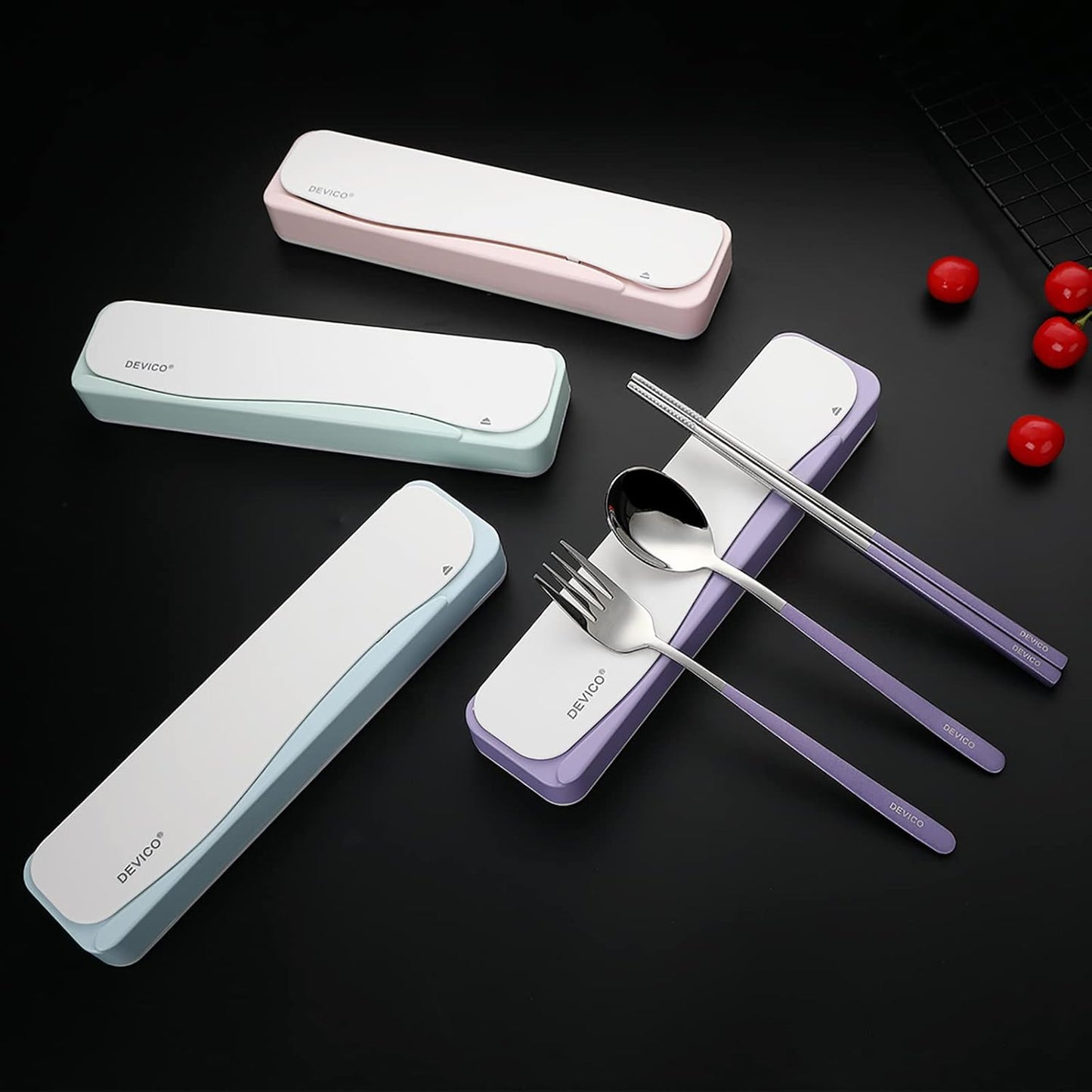 DEVICO Travel Utensils With Case, 18/8 Stainless Steel Camping Utensils, Reusable Portable Silverware Cutlery Set For Lunch Box, Include Fork Spoon Chopsticks