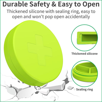 2 Pack Small Pill Box,3 Compartment Round Silicone Travel Pill Box for Purse Pocket, Waterproof Portable Compact Medicine Holder for Vitamin, Cod Liver Oil, Supplement(Green+Teal)
