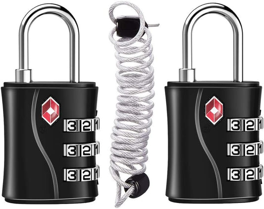 ZHEGE TSA Locks for Luggage, 3 Digit Luggage Lock with Flexible Cable (80cm) for Travel, School, Backpack, Suitcases, Gym Locker (Black, 2Pack)
