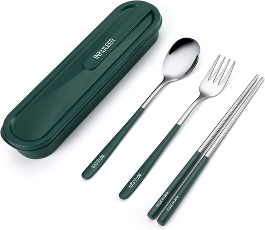 Travel cutlery set, 18/8 stainless steel cutlery, Reusable utensils set with case, Portable Silverware Lunch Box for Camping and Office(Green)