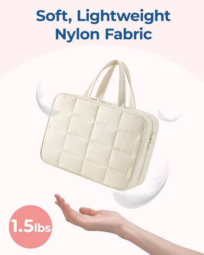 BAGSMART Travel Toiletry Bag with Jewelry Organizer, Hanging Travel Bag for Toiletries, Puffy Makeup Cosmetic Bag Organizer, Carry-on Travel Accessories Essentials, Beige-L