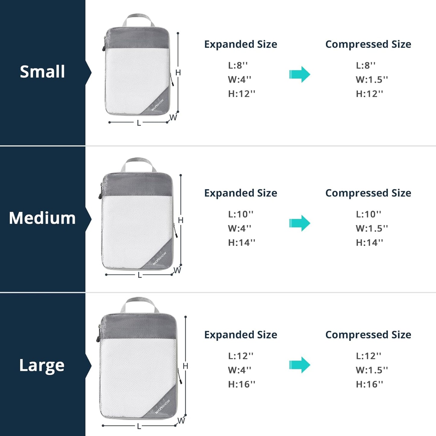 6 Set Compression Packing Cubes for Travel - Compressible, Lightweight, and Space-Saving Packing Cubes, Travel Essentials for Women, Grey