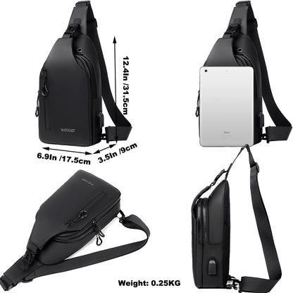 Waterproof Sling Bags Mens Shoulder Crossbody Backpack with USB Charging Port& Headphone,Outdoor Lightweight Bag
