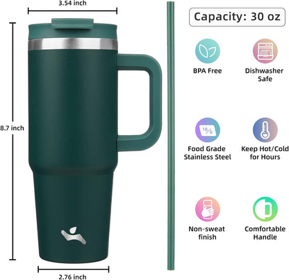 30 oz Tumbler with Handle and 2 Straws,2 in 1 Lid Insulated Water Bottle Stainless Steel Travel Coffee Mug,Dark Green