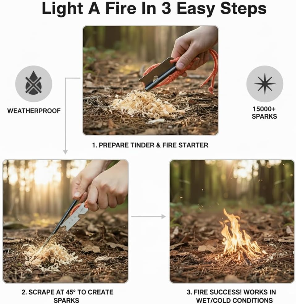 Professional 3-in-1 Survival Kit: Emergency Blanket, 120dB Whistle & All-Weather Fire Starter | Ultimate Safety Gear for Camping, Hiking, Car Emergencies & Storms (3-in-1 5pcs)