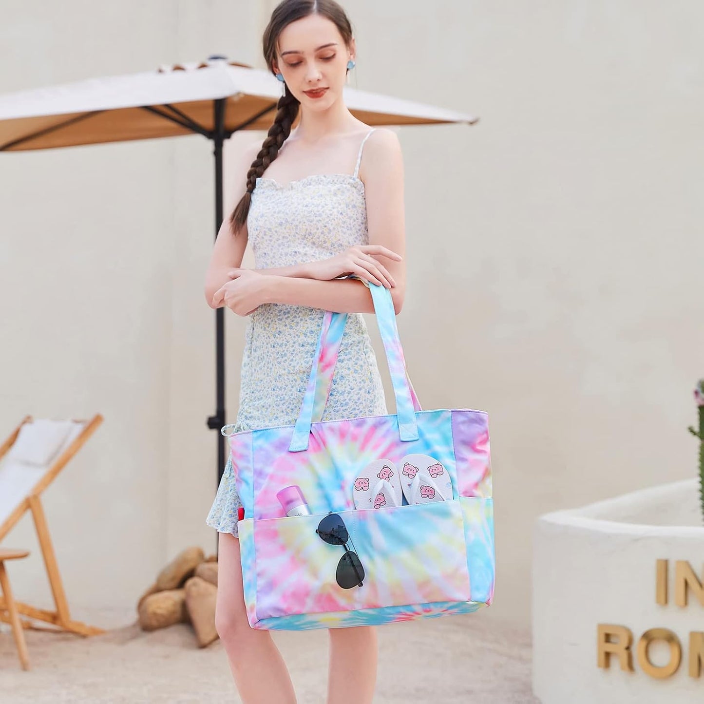 CAMTOP Waterproof Beach Tote Bag for Women Girls with Zipper Foldable Sandproof Pool Swim Bag Travel Carry On Gym