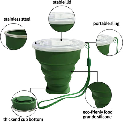 Collapsible Cup-Silicone Foldable Expandable Folding Drinking Cups-Reusable Portable Mugs-Cup For Travel, Camping, Hiking, Survival, Car, Picnic, Beach, Holiday Vacation, Outdoor Dark Green