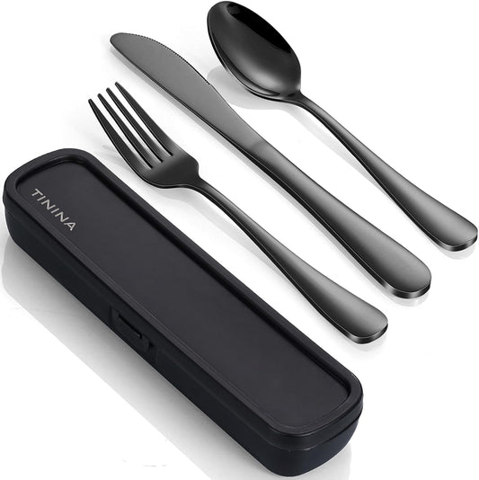 Travel Utensils with Case, 4-Piece Stainless Steel Portable Cutlery Set, Reinforced Case with Buckle Design, Lunch Box for Camping Work School, Include Fork Spoon Knife, Dishwasher Safe, Black