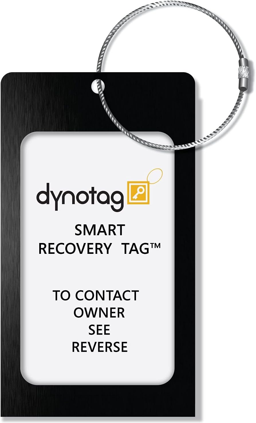 Dynotag® Web Enabled Smart Aluminum Convertible Luggage ID Tag + Braided Steel Loop, with DynoIQ™ & Lifetime Recovery Service (Midnight Black)