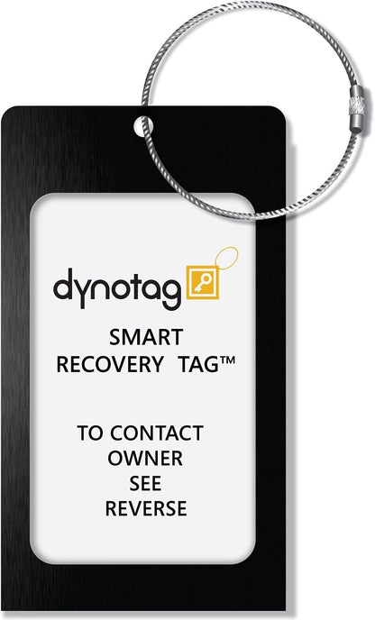 Dynotag® Web Enabled Smart Aluminum Convertible Luggage ID Tag + Braided Steel Loop, with DynoIQ™ & Lifetime Recovery Service (Midnight Black)