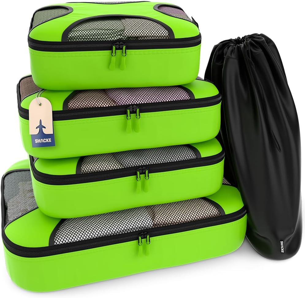 Shacke Premium 5 Packing Cubes Set - Lightweight Mesh Travel Luggage Organizers with Laundry Bag, 5-Piece Suitcase Storage System (Green Grass)