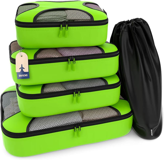 Shacke Premium 5 Packing Cubes Set - Lightweight Mesh Travel Luggage Organizers with Laundry Bag, 5-Piece Suitcase Storage System (Green Grass)