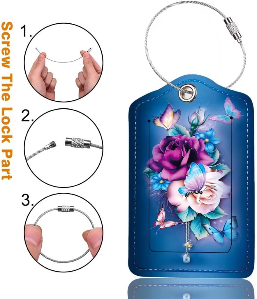 2 Pack Luggage Tag for Suitcase, Cute Unique Leather Bag Tags Identifiers Privacy Cover ID Label with Durable Steel Loop for Women Men Kids Girls Travel, Butterfly