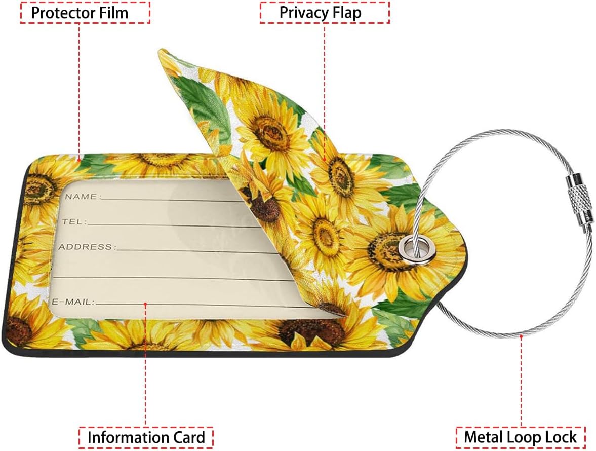Blooming Sunflowers 2 Pcs Luggage Tags,Privacy Cover ID Label with Stainless Steel Loop and Address Card for Travel Bag Suitcase