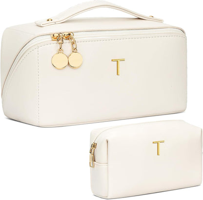 Birthday Gifts for Women Teen Girl, Personalized Initial Makeup Organizer Bag Set, Open Flat Travel Cosmetic Bag With Clear Divider and Handle(Beige,T)