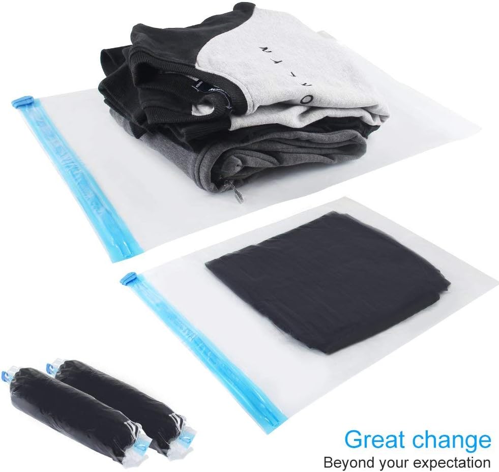 10Pack Travel Space Saver Bags (4 x S, 3 x L, 3 xL), Reusable KFYM Vacuum Travel Storage Bag, Saves 75% of Storage Space, Roll-Up Compression, No Need For Vacuum Machine Or Pump
