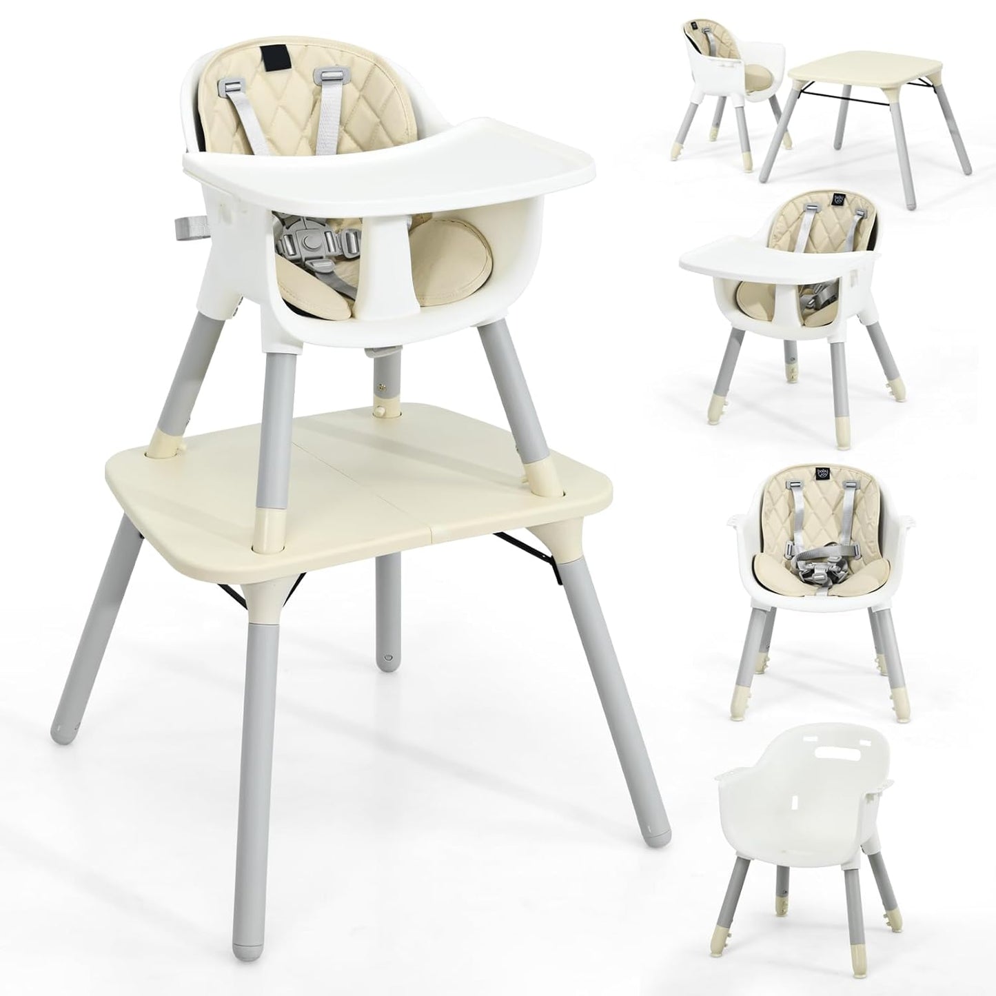 HONEY JOY 5-in-1 High Chair, Convertible Highchair for Babies and Toddlers/Kids Chair Table Set/Infant Feeding Chair w/Safety Harness, PU Leather Cushion & Removable Food Tray (Beige)