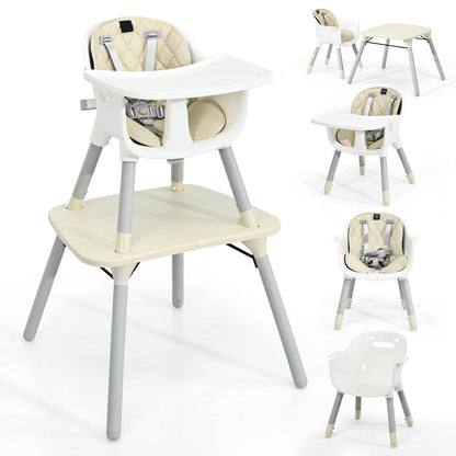 HONEY JOY 5-in-1 High Chair, Convertible Highchair for Babies and Toddlers/Kids Chair Table Set/Infant Feeding Chair w/Safety Harness, PU Leather Cushion & Removable Food Tray (Beige)