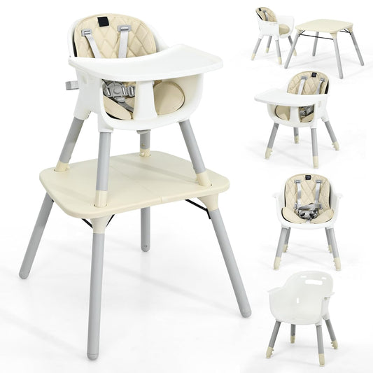HONEY JOY 5-in-1 High Chair, Convertible Highchair for Babies and Toddlers/Kids Chair Table Set/Infant Feeding Chair w/Safety Harness, PU Leather Cushion & Removable Food Tray (Beige)
