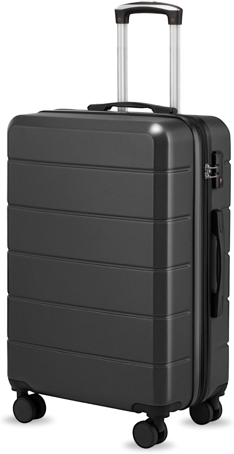 24 Inch Luggage with Spinner Wheels, Expandable Hardside Medium Checked Suitcase, Black