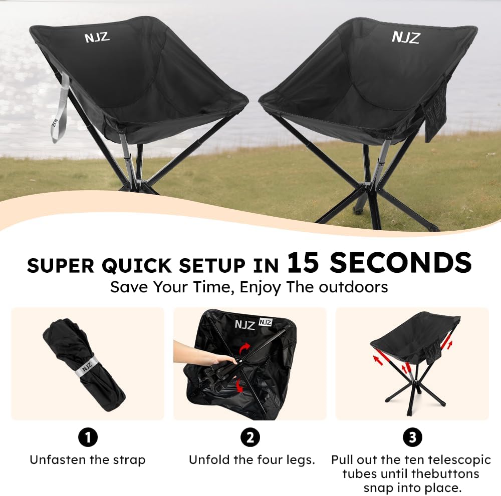 Small Camping Chair, Compact Folding Camping Chair for Adults-200 LBS Supported Lightweight Backpacking Chair for Outdoors Fishing, Hiking, Travel, Picnic, Beach Aluminum Chair(Black)