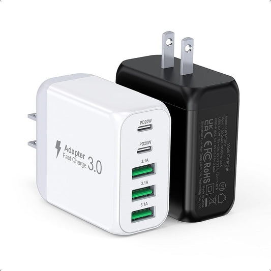 50W USB C Wall Charger Block, 2Pack 5-Port C Charger Fast Charging Block PD Power Adapter+QC 3.0 Multiport Type C Box Brick Cube USB A Wall Plug for iPhone 16/15/14 Pro Max Plus, iPad,Galaxy S24/S23
