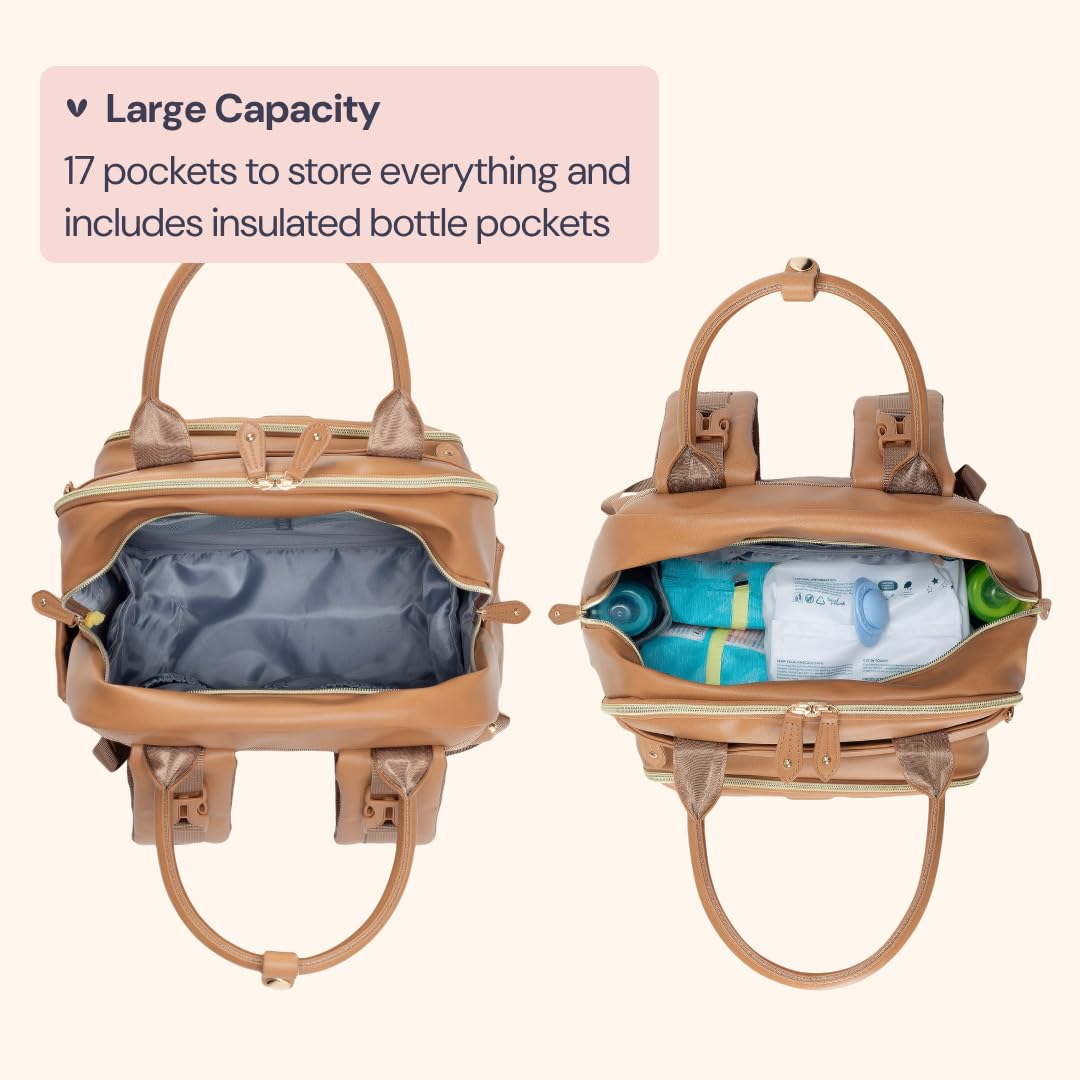 BabbleRoo Leather Diaper Bag Backpack - Baby Essentials Travel Baby Bag, Multi function, Water Resistant, with Changing Pad, Stroller Straps & Pacifier Case – Unisex, Light Brown