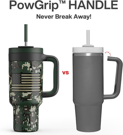 40 oz Camo Tumbler with Handle, 2-in-1 Straw and Sip Lid, Leakproof, Dishwasher Safe, Insulated Stainless Steel Travel Coffee Mug, Keeps Cold for 34 Hours, Fits in Car Cupholder (Woodland Flag)