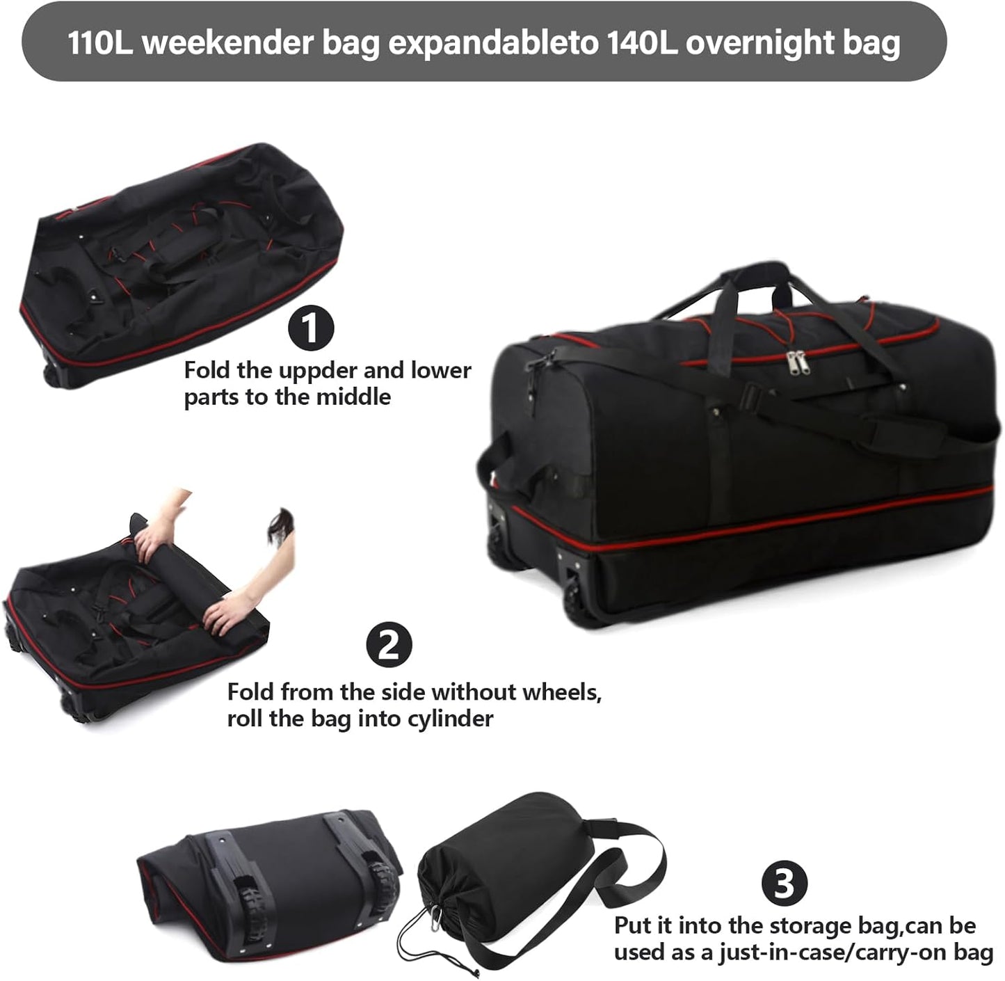 Vomgomfom 32" Soft-Sided Foldable Wheeled Travel Duffel Bag,Expandable 110L to 140L Rolling Cargo Bag with 2 Wheels and Multiple Pockets,Black-red