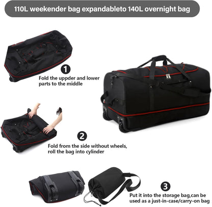Vomgomfom 32" Soft-Sided Foldable Wheeled Travel Duffel Bag,Expandable 110L to 140L Rolling Cargo Bag with 2 Wheels and Multiple Pockets,Black-red