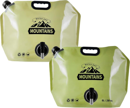 Collapsible 8L Water Storage Bag, BPA-Free Portable Folding Water Jug with Adjustable Faucet, Leakproof Emergency Water Bag for Camping, Hiking, Riding, Outdoor Sport (BEIGE & GREEN, 2)