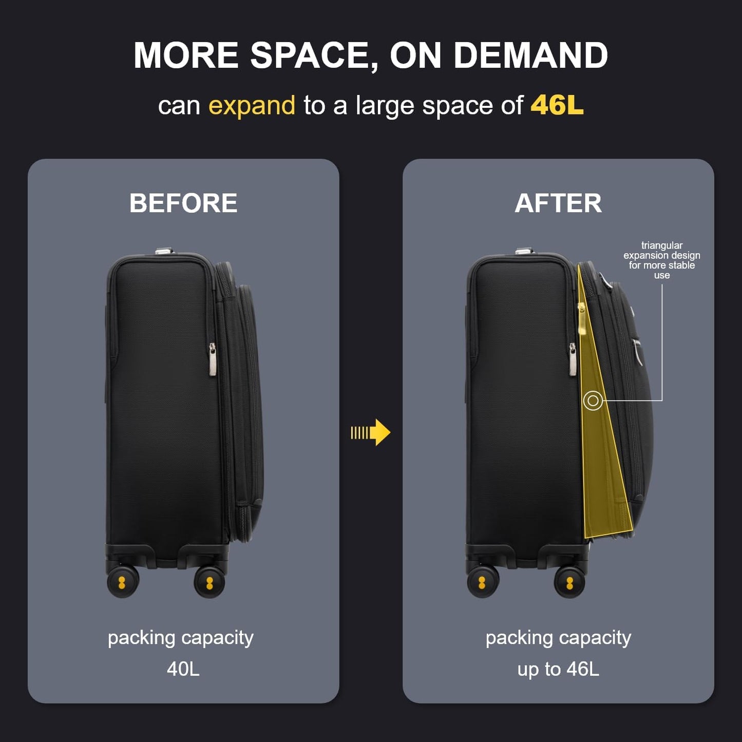 LEVEL8 Carry On Luggage with Compartment, 20 Inch Softside Expandable Travel Rolling Suitcase with Spinner Wheels, Tsa Locks, Men and Women, Black