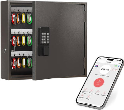 WeHere Smart Key Lock Box, Wall Mounted Key Cabinet with 90 Key Tags, Bluetooth App Control, OTP & Password Unlock, Wi-Fi Remote Unlock (Bridge Required), Steel Key Safe for Office Home Business