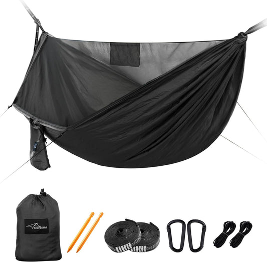 Camping Hammock with Mosquito Net and Ridge Rope, Extra Large for 2 Person, Lightweight Hanging Hammocks Tree Straps, All-in-one Fast Open Hammock for Outside, Hiking, and Travel