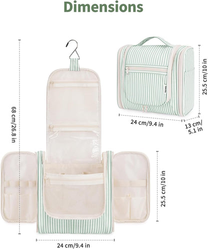 Narwey Striped Hanging Travel Toiletry Bag for Women, Travel Bag for Toiletries, Makeup Bag Organizer Cosmetic Bags Make Up Bags for Women (Mint Green Stripe)