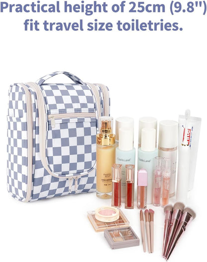 Narwey Small Checkered Hanging Travel Toiletry Bag for Women, Travel Bag for Toiletries, Makeup Bag Organizer Cosmetic Bags Make Up Bags for Women (Grayish Blue Checkerboard)