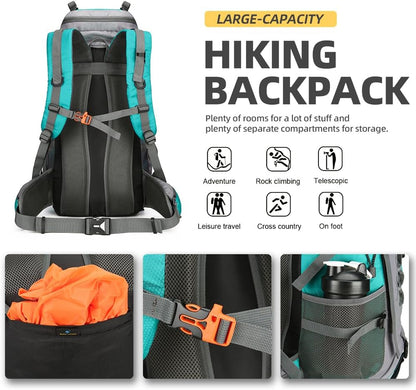 King'sGuard 60L Hiking Backpack Large Waterproof Camping Backpack for Men and Women Lightweight Frameless Backpacking Backpack with Rain Cover (Lake Blue)