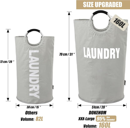 DOKEHOM 160L XX-Large Laundry Basket (7 Colors), Collapsible Laundry Bag, Foldable Laundry Hamper, Folding Washing Bin (Grey, XXL)