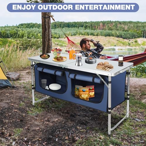 Outdoor Folding Camping Table with Storage Organizer(Blue)
