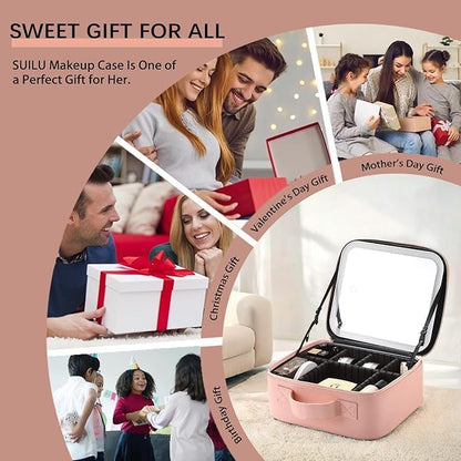 Makeup Bag with Led Mirror,Travel Makeup Organizer with 3 Color Setting & 10X Magnifying Mirror, Portable Storage and Adjustable Dividers Travel Makeup Bag-pink