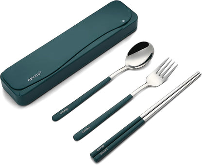 DEVICO Travel Utensils, 18/8 Stainless Steel Portable Reusable Camping Silverware Cutlery Flatware Set, 4-Piece Include Fork Spoon Chopsticks with Case (Dark Green)