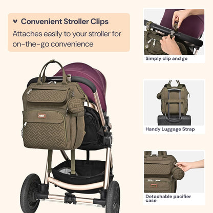 BabbleRoo Diaper Bag Backpack, Multifunction Nappy Changing Bag with Changing Pad, Stroller Straps & Pacifier Case, Unisex Stylish Travel Back Pack for Moms & Dads - Army Green
