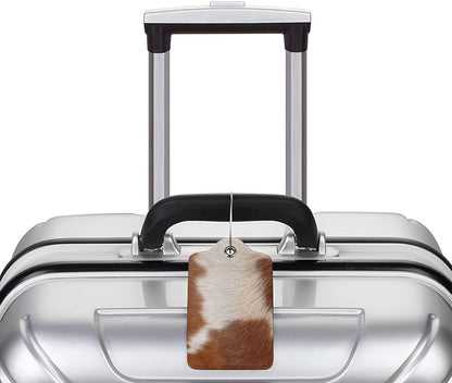 2 Pcs Funny Brown Cowhide Pattern Luggage Tag for Suitcase, Farm Animal Birthday Gift Women Men Boy Girl, Steel Loop with Privacy Cover ID Label