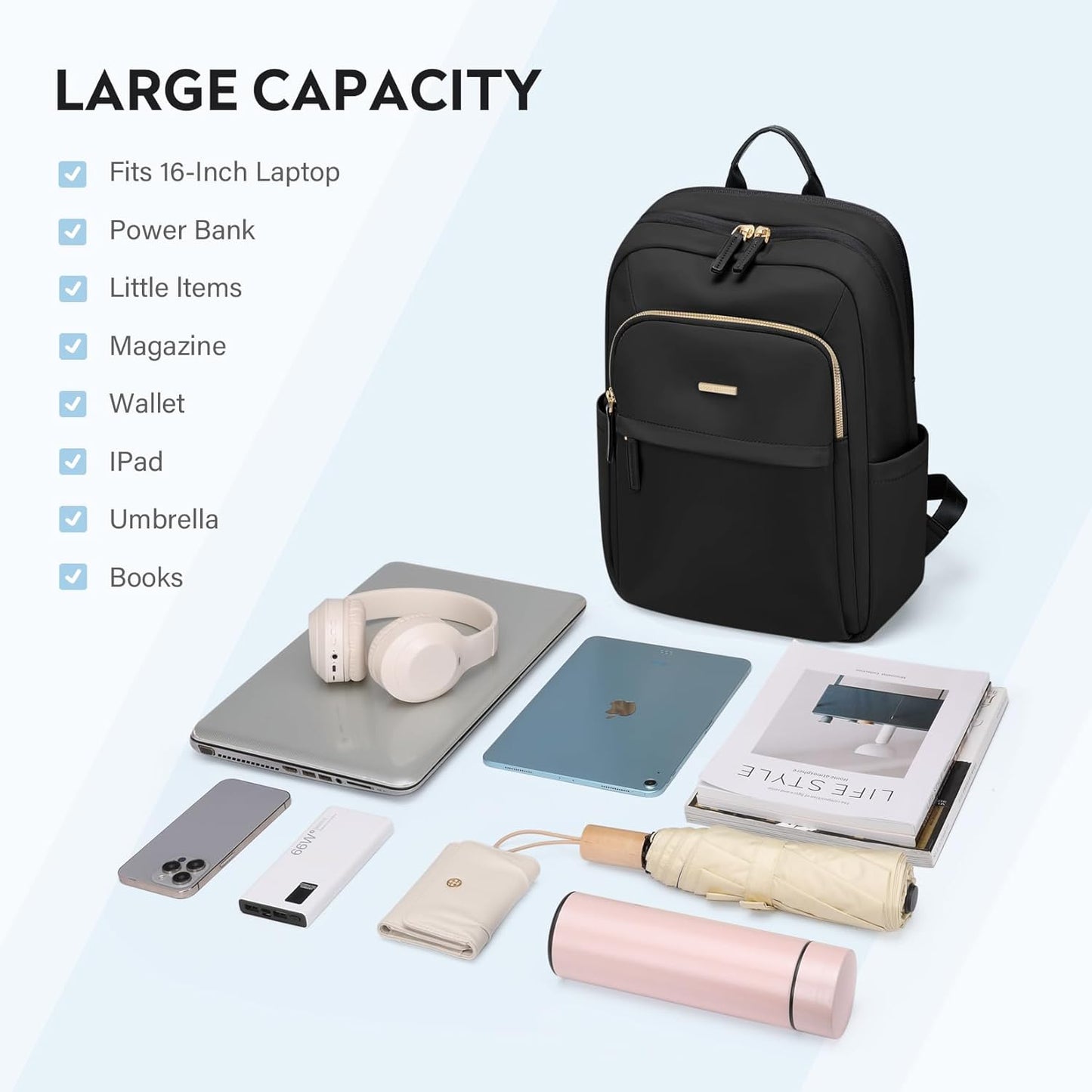 Hiking Travel Backpack for Women Casual Business Weekender Multilayer Laptop Bag,16 Inch,Black