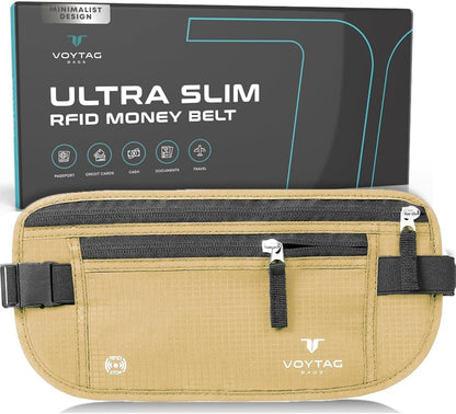 Travel Money Belt & Passport Holder - RFID Blocking Slim Travel Wallet & Fanny Pack for Men and Women - Essential Travel Pouch for Cash, Credit Cards, and Documents (Beige)