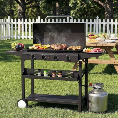 SKOK Propane Gas Griddle with Hood - Flat Top Grill with Standing Cart