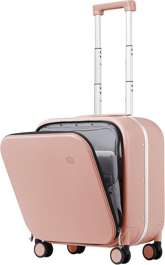 mixi Carry On Luggage, 18” Suitcase with Front Laptop Pocket, Travel Luggage Aluminum Frame PC Hardside with Spinner Wheels & TSA Lock and Cover (Not for Underseat), Pink